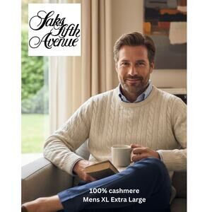 Saks Fifth Avenue 100 pct Cashmere Cable Knit Sweater Mens XL Ivory Crewneck